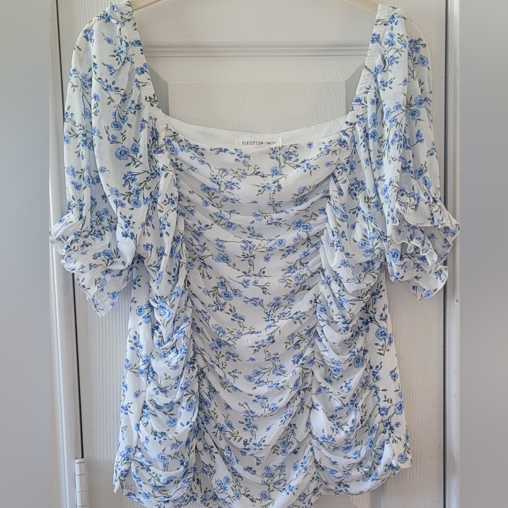 PerSeption Concept Blue Floral Ruched Blouse